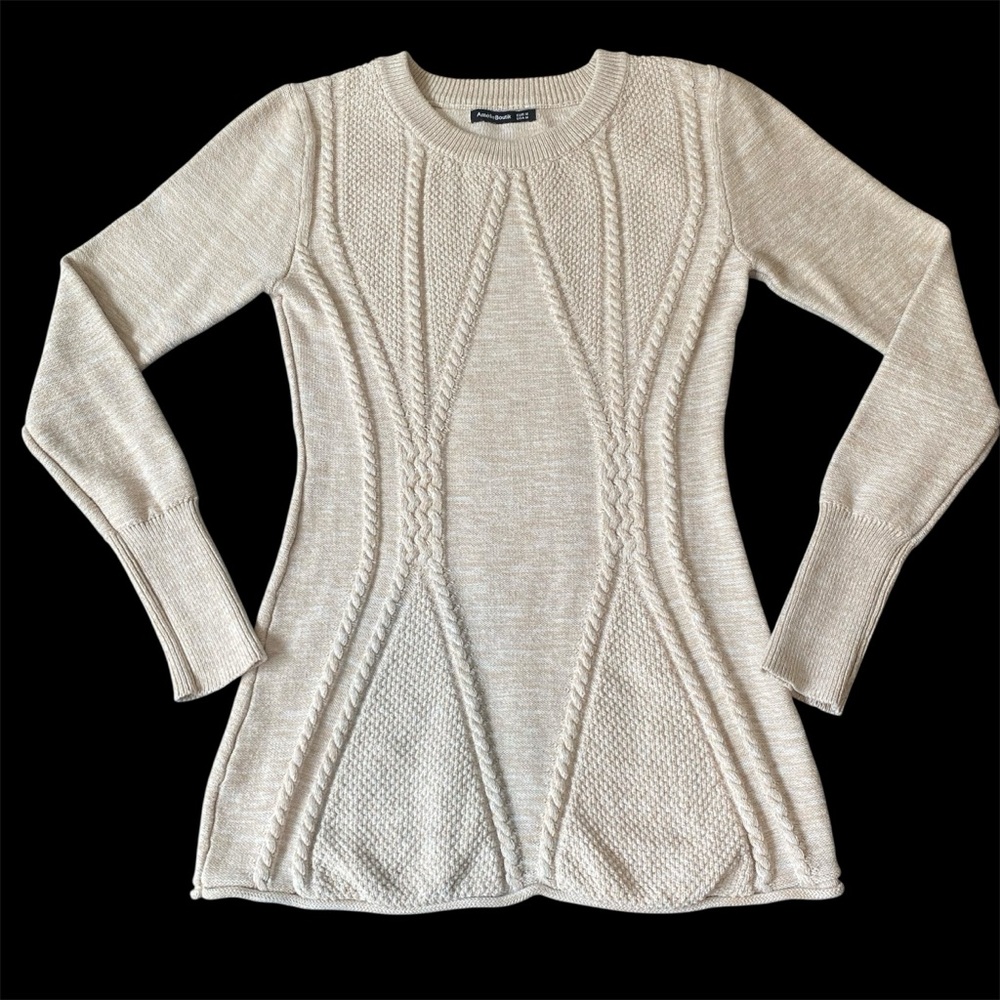 Bodycon, Fisherman, Cable-Kint, Nautical Coastal Sweater Heathered White, Tan M
